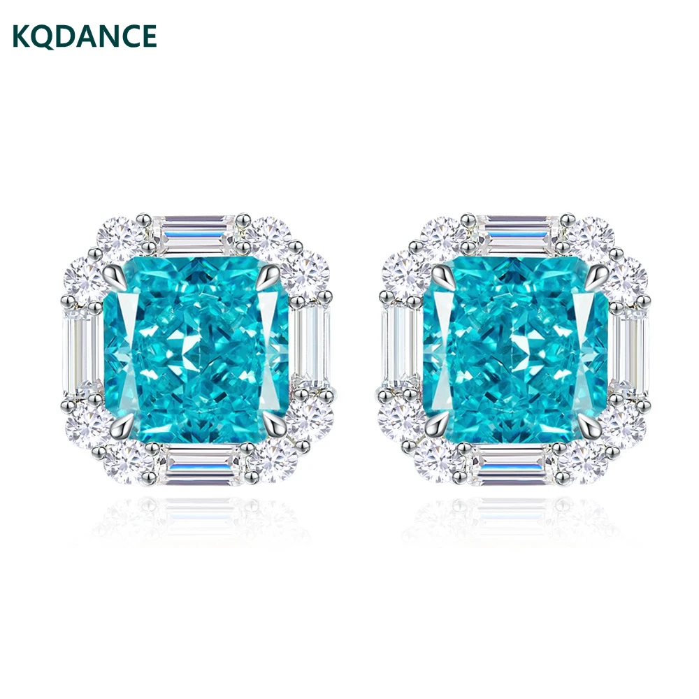 KQDANCE 925 Sterling Silver With Created Square 2.3CT Ice Cut Blue Aquamarine Gemstone Ear Studs Earrings Ladies Trendy Jewelry