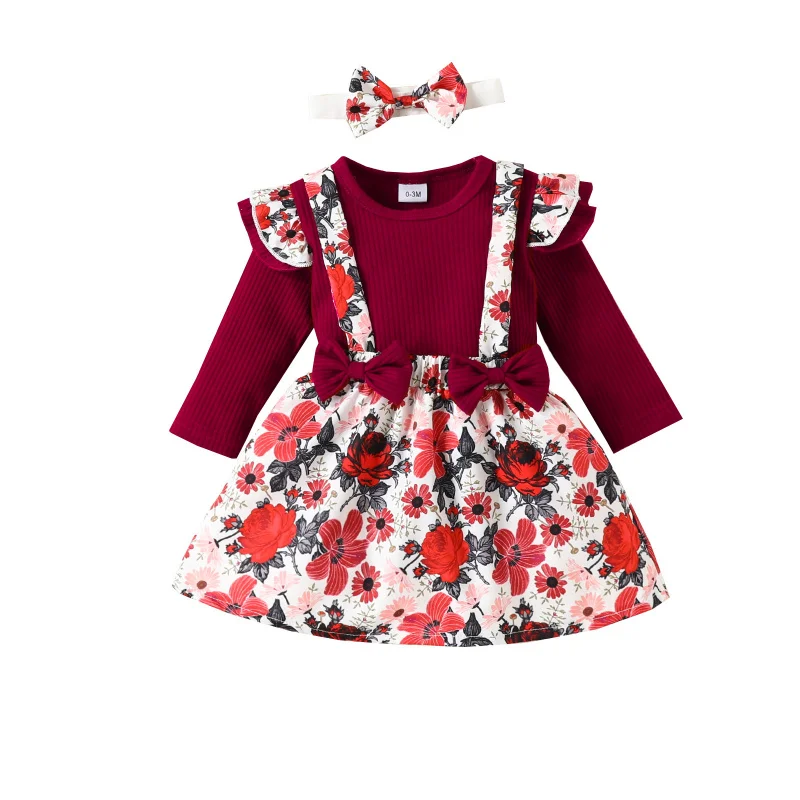 Neugeborenen kinder Kleidung Sets 3Pcs Mädchen Anzug Lange ärmeln Baby Kinder Strampler Top + Blume Schmetterling Strap Rock + Stirnband Outfits