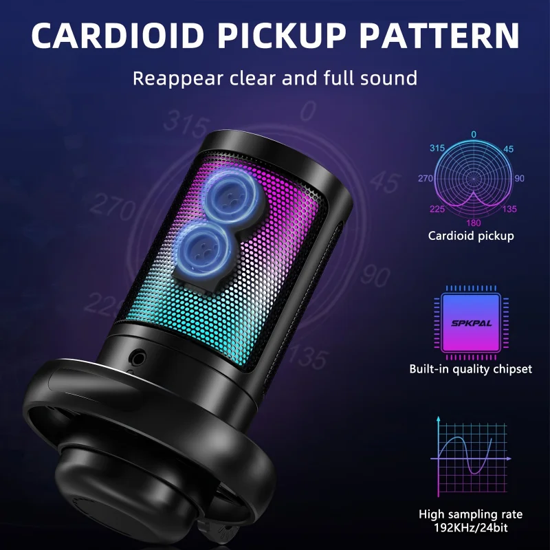 Microphone，USB Computer Microphone，Applicable to Podcasting Videos、Streaming Media、Condenser Microphone，Fast and Silent，Tripod