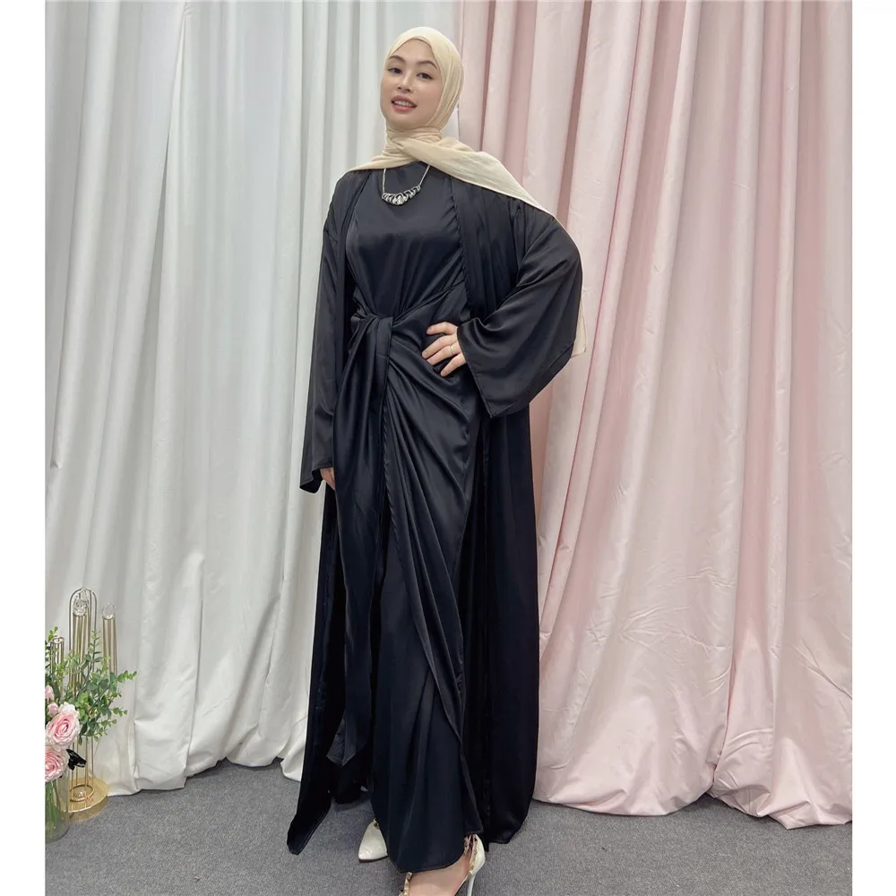 2PCS Eid Ramadan Open Abaya Women Muslim Set Maxi Dress Kimono Jalabiya Islam Kaftan Dubai Turkey Robe Gown Abayas Kebaya Abayas