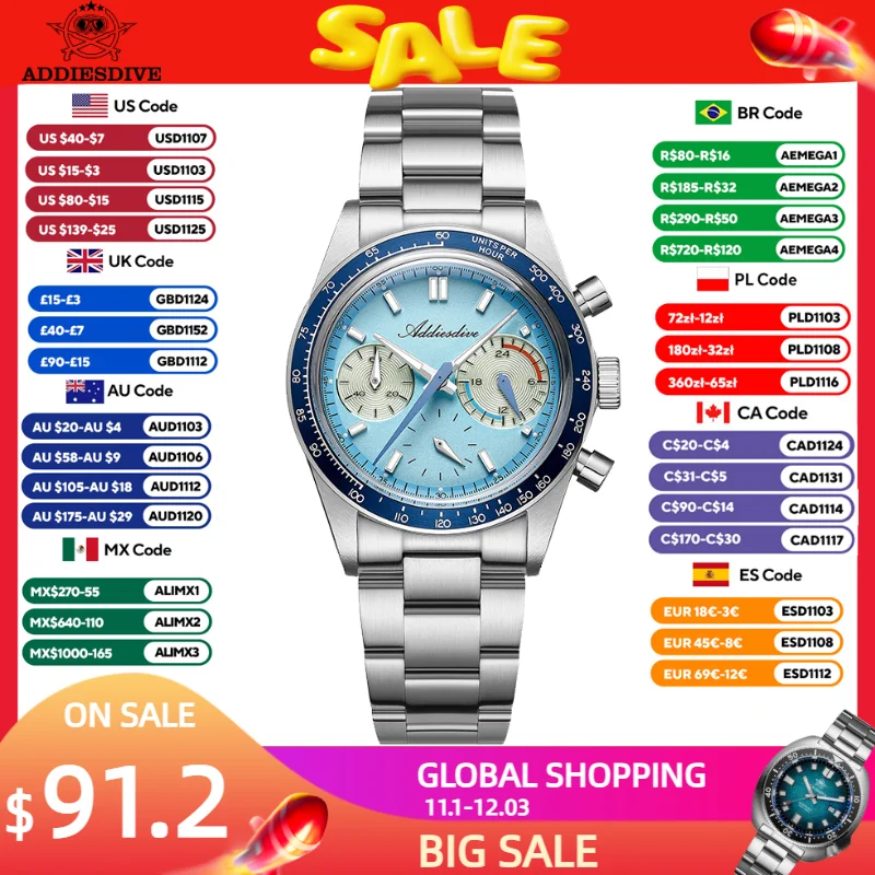 ADDIESDIVE New Quartz Wristwatch Luxury VK63 Chronograph Men Watches BGW9 Luminous Diving 100m Waterproof 316L Stainless Steel