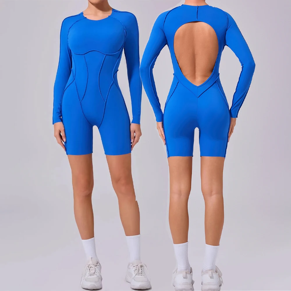 

Fashion Patchwork Long Sleeve O-neck Bodycon Sports Short Jumpsuit with Paded Women One Piece Gym Outfit Black Fitness Romper