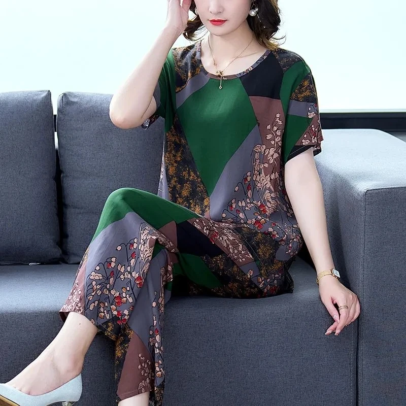 Women Summer Sets NEW Middle Aged Elderly Mother Cotton Silk Suit Casual Print Short Sleeve Top + Pants 2 Piece Set Femme Outfit