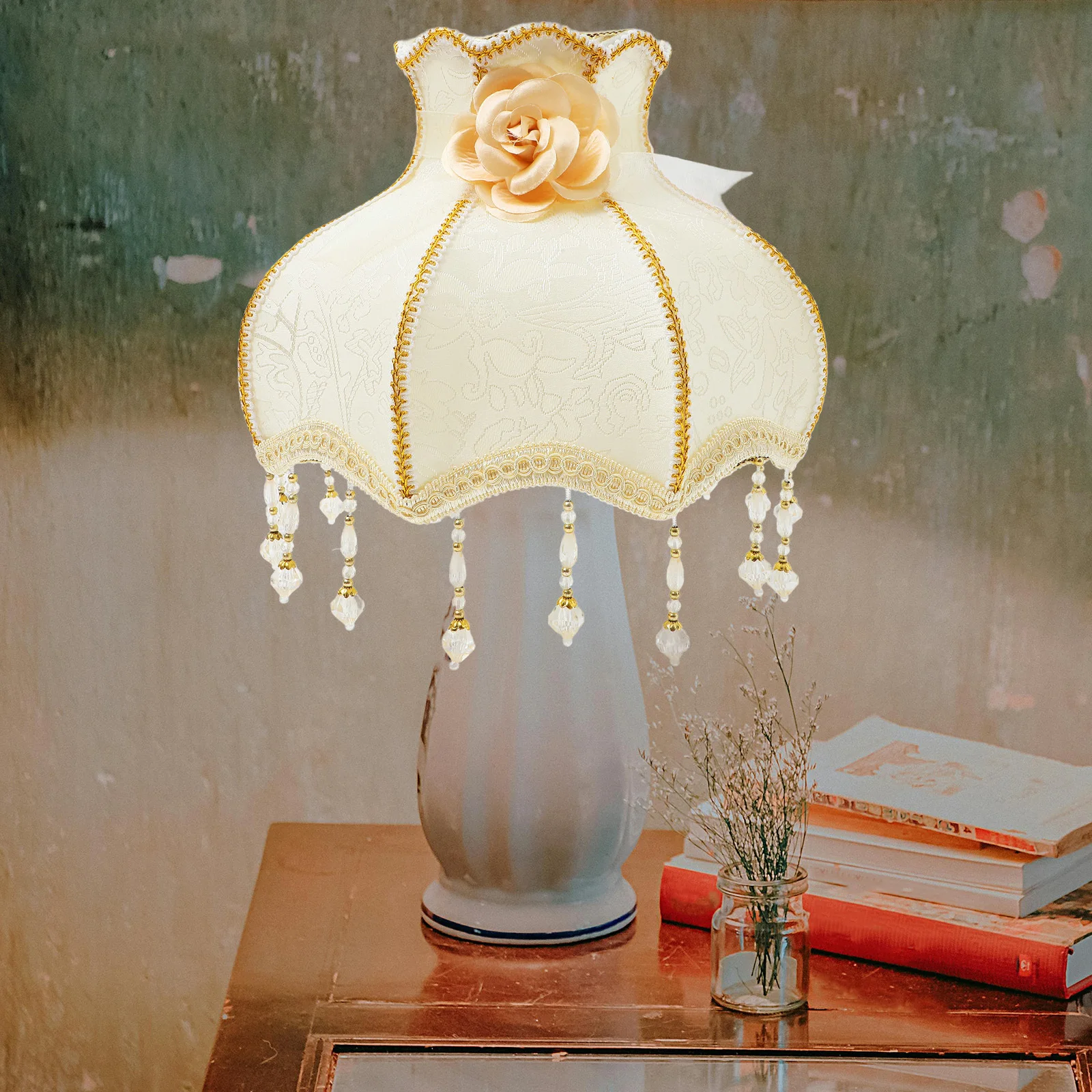 

European Style Lace Fabric Lampshade Drop Beads Vintage Table Lamp Shade Decorative Desk Lampshade for Home Hotel Cafe E27