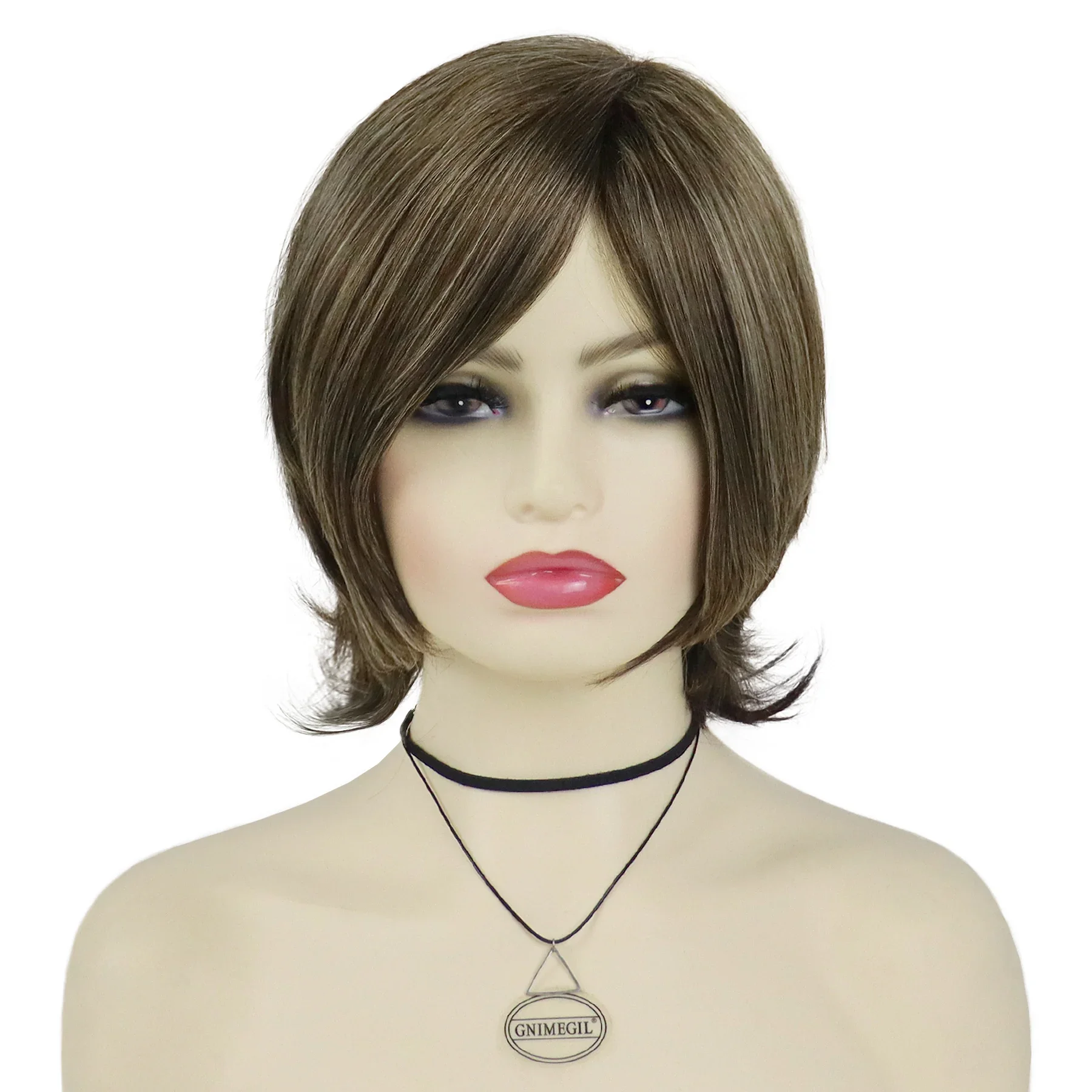 Synthetic Brown Flip Wig with Bangs for Women Short Bob Curly Replacement Wigs Daily Costume Mommy Wig Gifts Natural Fake Hair