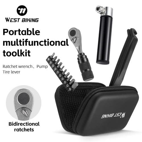 Imagen 1 del producto WEST BIKING-kit de herramientas portátil, bolsa de herramientas de reparación multifuncional, Kit de llave de trinquete, palanca de neumáticos, Mini juego de herramientas de bomba, accesorios para bicicleta