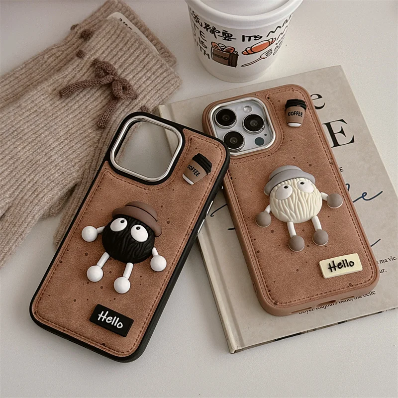 Electroplated lambskin brown coffee coal ball phone case for iPhone 13 14 15 16 pro max