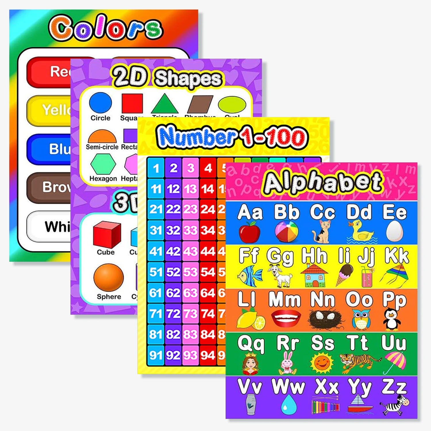 4 Pack - ABC Alphabet + Numbers 1-10 + Shapes + Colors Poster Set - Toddler Educational Charts (12' X 16' Inch)