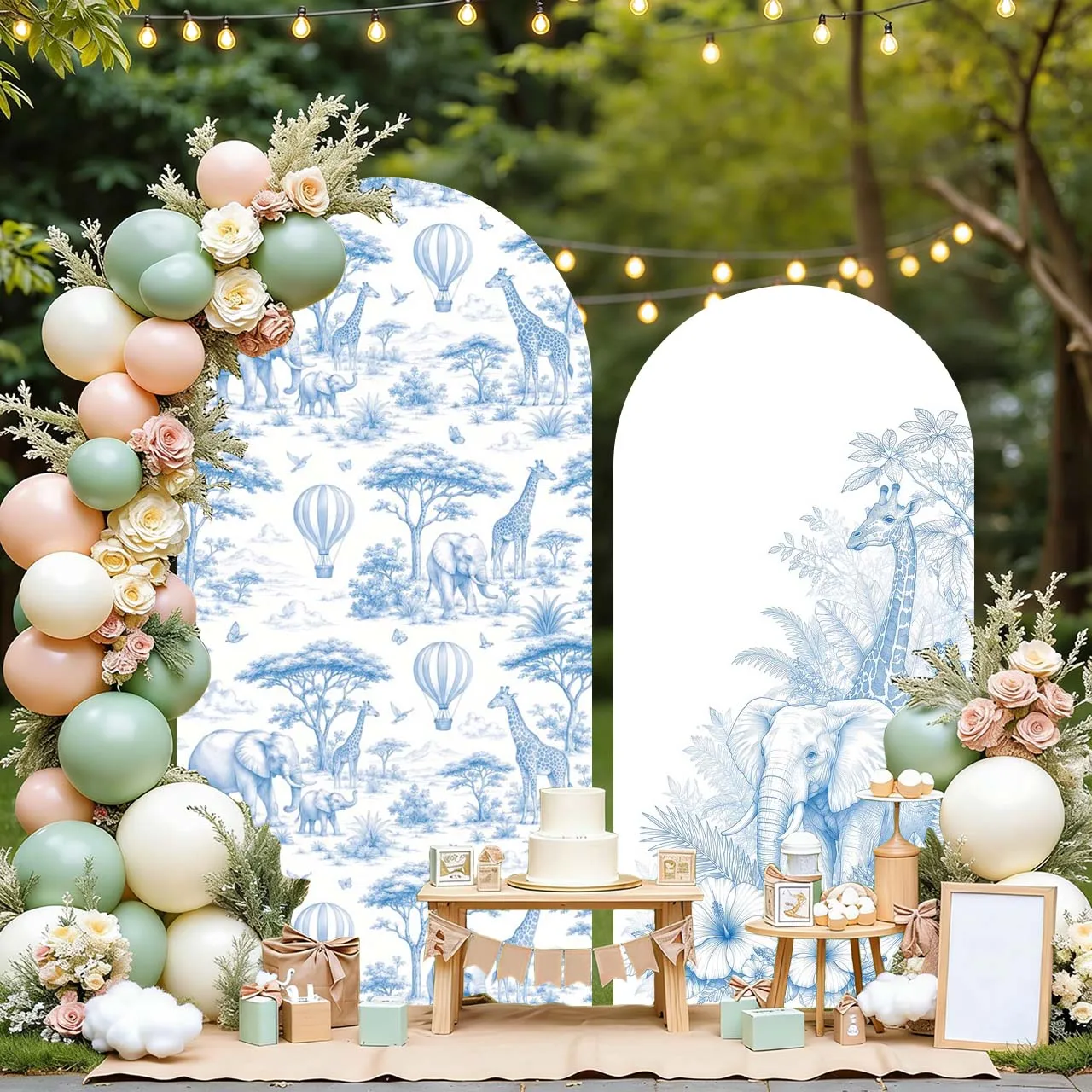 Mehofond 2-seitiger blauer Toile Safari Dschungel Elegantes Muster Kindergeburtstag Babyparty Bogenhintergrund Deko Kulisse