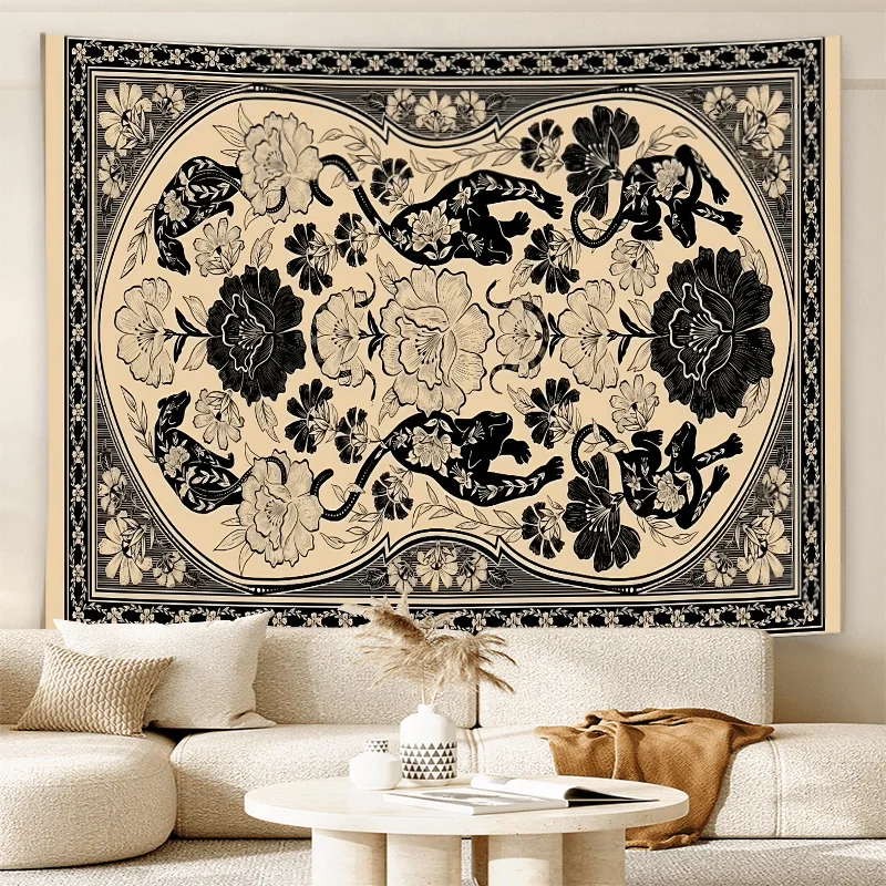 VIKAMA Kunst-Wandteppich mit Leopardenmuster, Blumenmuster, Retro-Wohnzimmer-Sofa-Dekoration für Cafés, Heimdekoration im Bohemian-Stil
