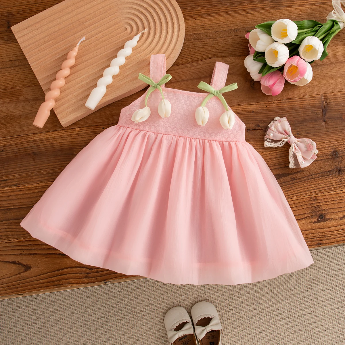 Summer Lovely Tulip Bow Toddler Princess Suspender Dress Korean Style Trend Birthday Party Baby Girl Sweet Flowers Fairy Dress