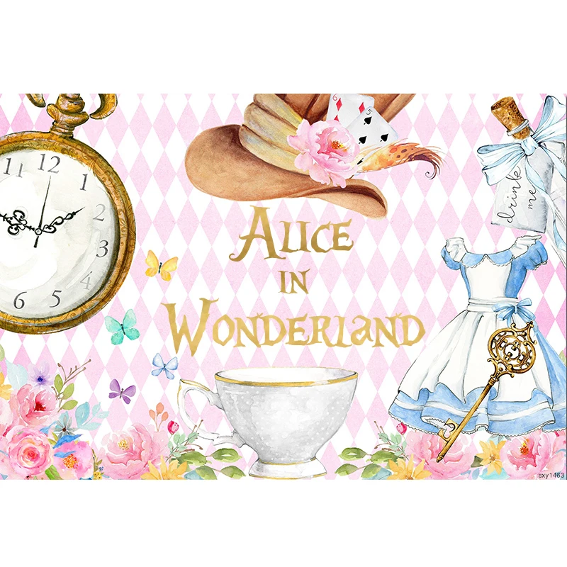 不思議の国のアリス写真の背景、誕生日パーティーの背景、写真スタジオ、デザートテーブルバナー、女の子の午後のお茶