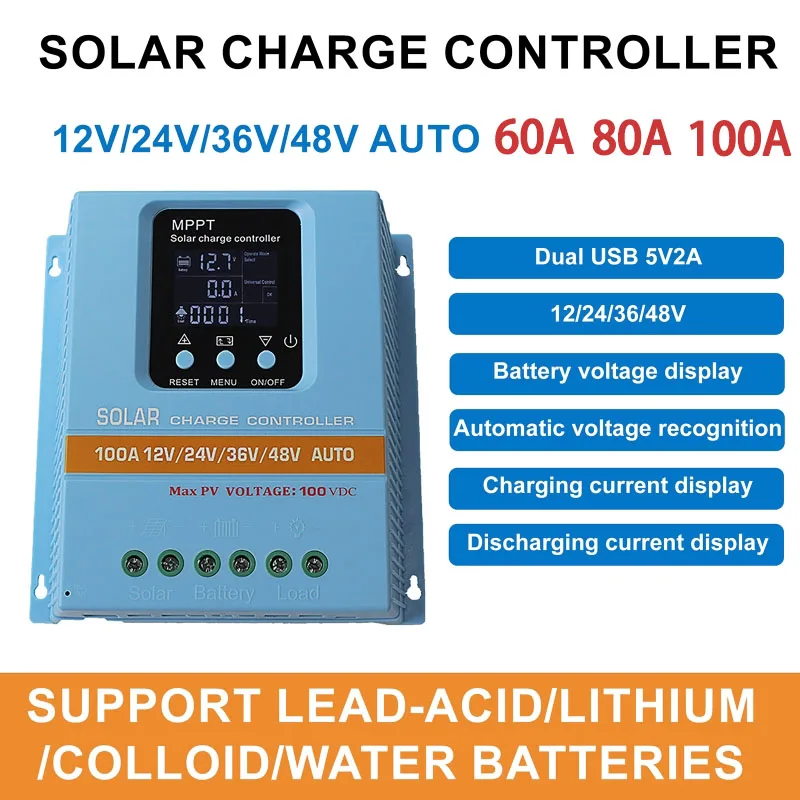 Controlador de carga Solar MPPT 60A 80A 100A, Auto 12V 24V 36V 48V, pantalla LCD, batería de Panel Solar, regulador Solar inteligente