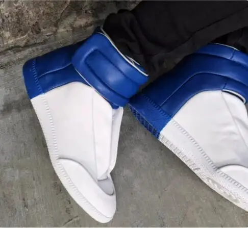 

New Man Blue White Patchwork Soft Leather Round Toe High Top Flat Sneakers Male Classic Leisure Outdoor Party Dress Shoes