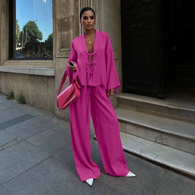 

Faionable Women's irt And Pants Set Belted Long Sve Long Pants Ensemble Ele Casual Outfit for Young Women