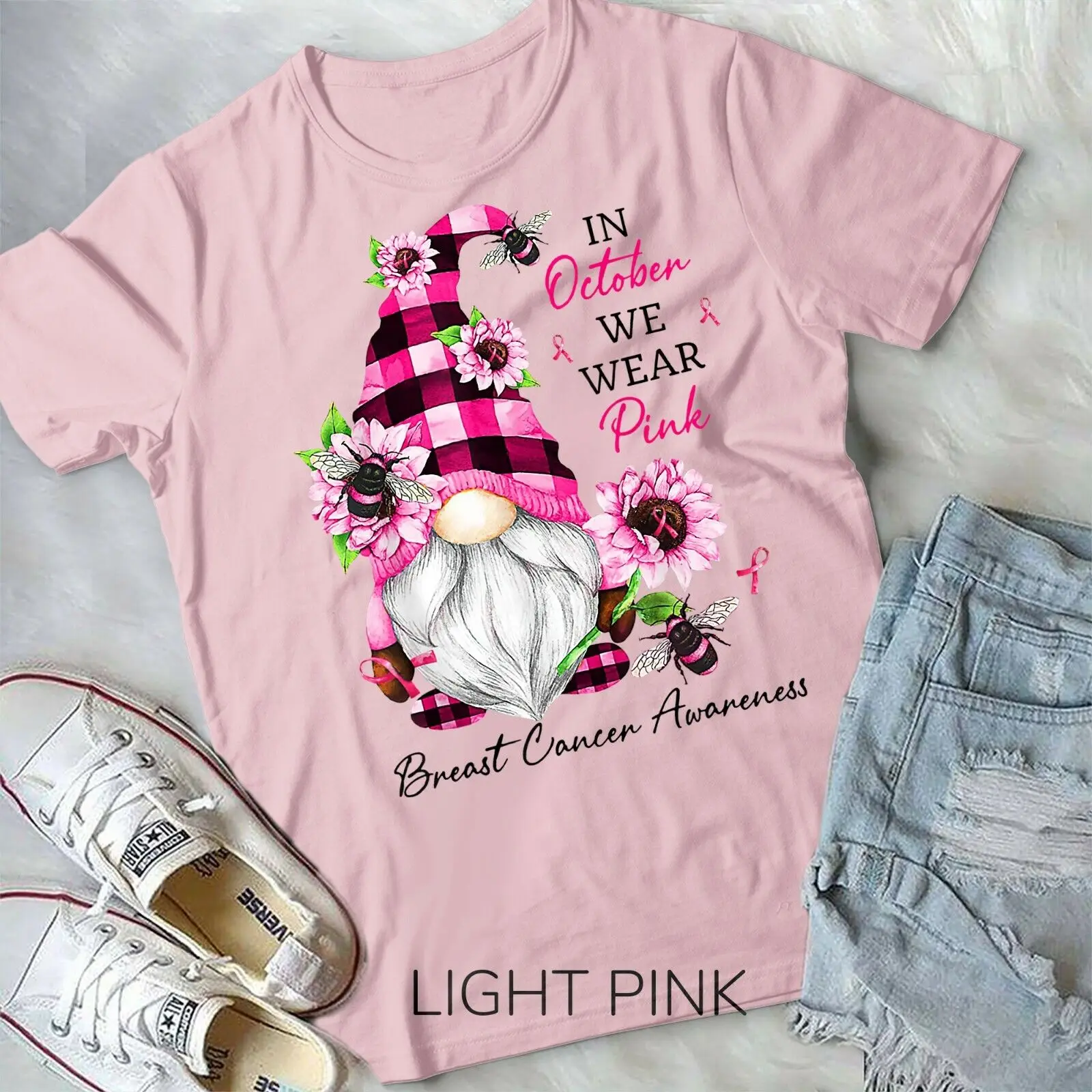 

In October We Wear Pink Gnome Breast Cancer Awareness T-Shirt Unisex T-shirt