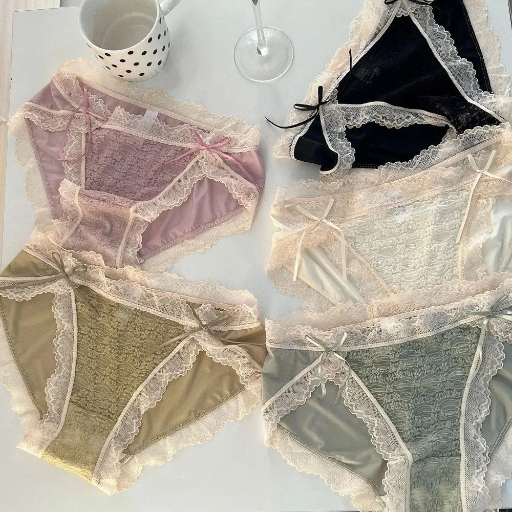 Soft Low Waist Lace Panties Bow Ice Silk Underwear for Women Lingerie Seamless Underwear Girl