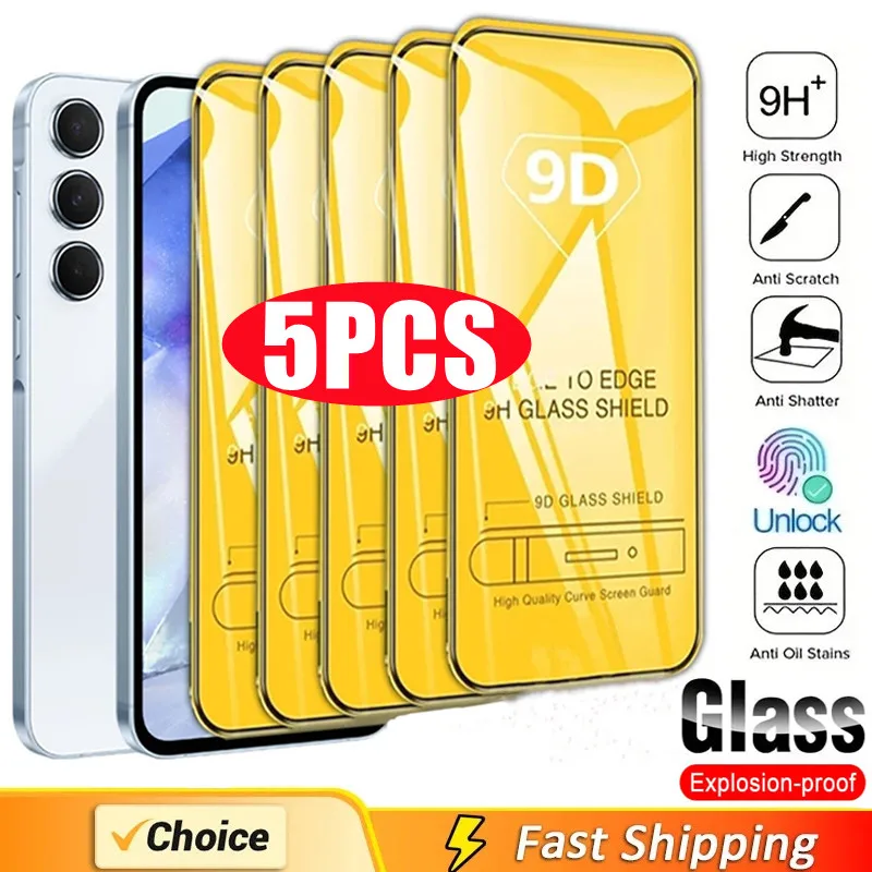 5Pcs 9D Screen Protector for Samsung A55 A15 A54 A34 A13 A14 A53 A52 A12 A33 A52S A32 A35 A71 A51 A22 S10E S20FE Tempered Glass