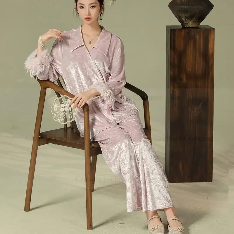 Luxury Winter Warm Velour Nightwear Loungewear Chinese Style Pajamas Set Home Suit Lady Elegant 2Pcs Outfit Casual Outwear