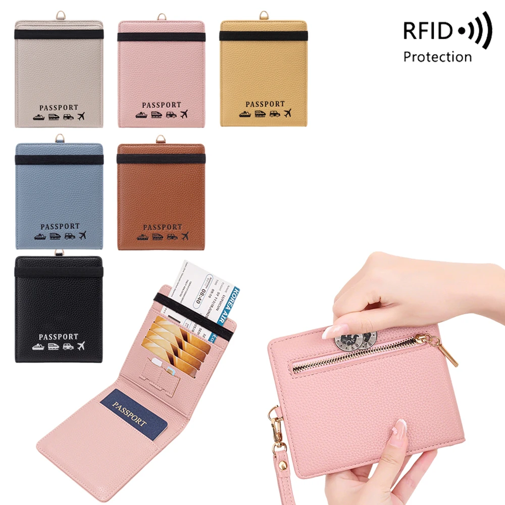 

RFID Protection Travel Passport Wallet, Lychee Texture Leather Zipper Passport Cover With Wristlet Strap Card Ticket Organizer
