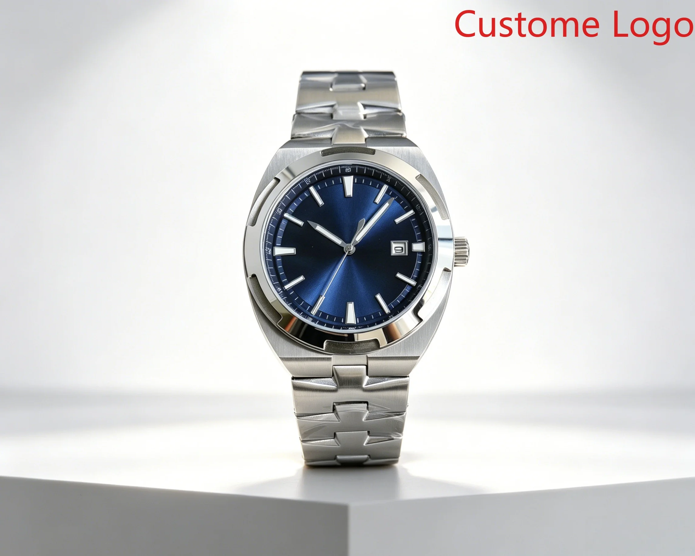 Luxury Polished Bezel Self Winding Mechanical Watch，Sunburst Blue & Black Dial Date Window， Luminous Baton Markers Waterproof All Steel Male Dress Watch For Daily Wear