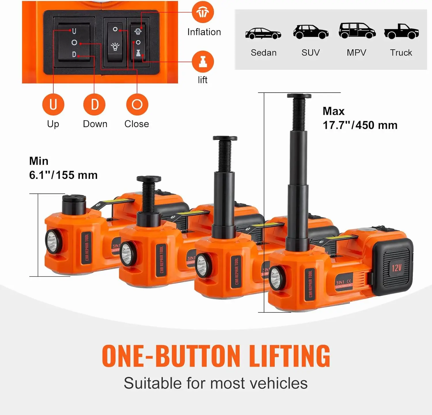 3 in 1 Wholesale Electric Car Jack Lift Kit with Inflator LED Light Impact Wrench 12V 5Ton 45cm Floor Jacks for Car Lift Repair