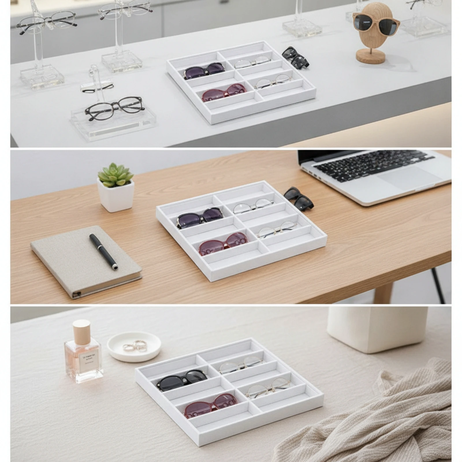 Eyewear Display Tray Space-Saving Glasses Tray with 10 Compartments Sunglass Organizer Slim-Profile Eyewear Holder Flat-Bottomed