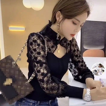Koronkowa bluzka damska moda szczupła koreańska koszula z długim rękawem nowy projekt czarny top 2024 nowość