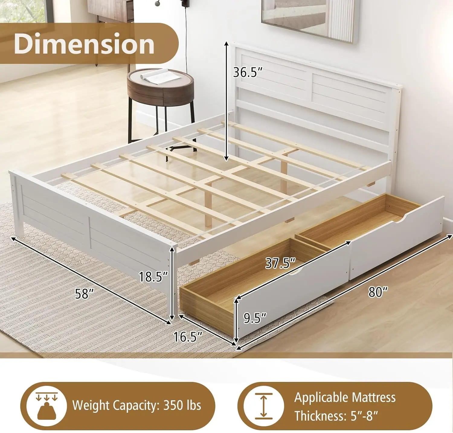 KOMFOTT Full Size Wood Bed Frame with 2 Storage Drawers, Mid Century Platform Bed Frame with Headboard, Sturdy Wooden Slats Supp