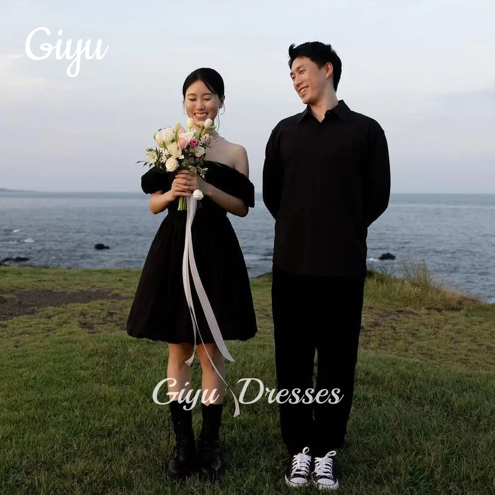 Giyu preto simples vestido de casamento curto a linha coreia sessão de fotos mini-comprimento acima do joelho fora do ombro personalizado 2025 extensões haar