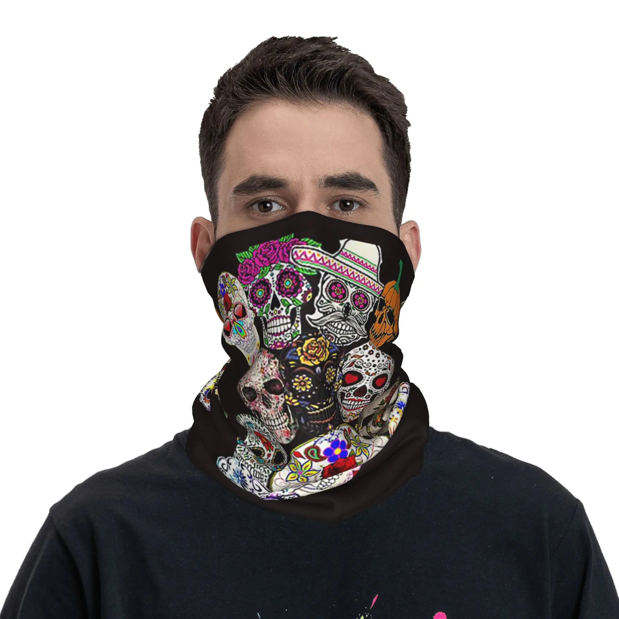 죽은 자의 날 예술 멕시코 설탕 해골 두건 넥 커버 프린트 랩 마스크 스카프 따뜻한 사이클링 스카프 라이딩