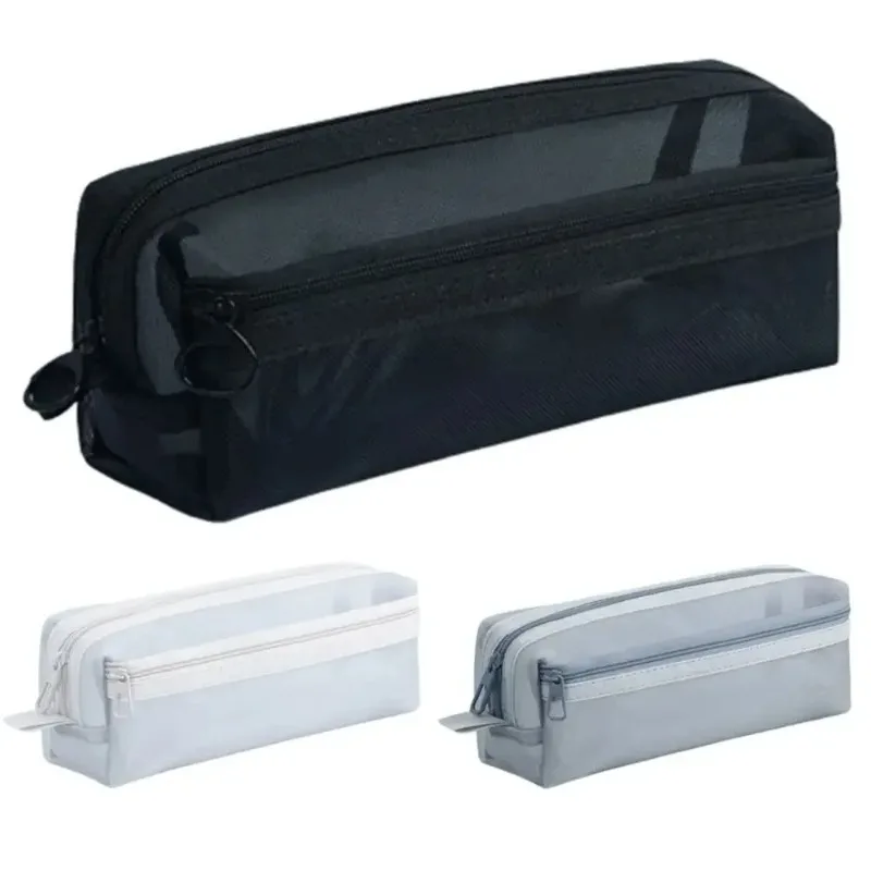 Portable Transparent Mesh Pencil Case, Double-layer Large Capacity Stationery Zipper Storage Bag, Student Learning Accessories