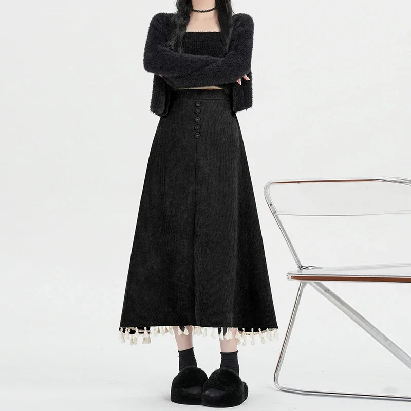 MiiiiX Retro Sweet Style Corduroy Long Skirt Women 2024 Autumn New Loose Thicken Tassel A-line Midi Skirt Casual Female Clothes