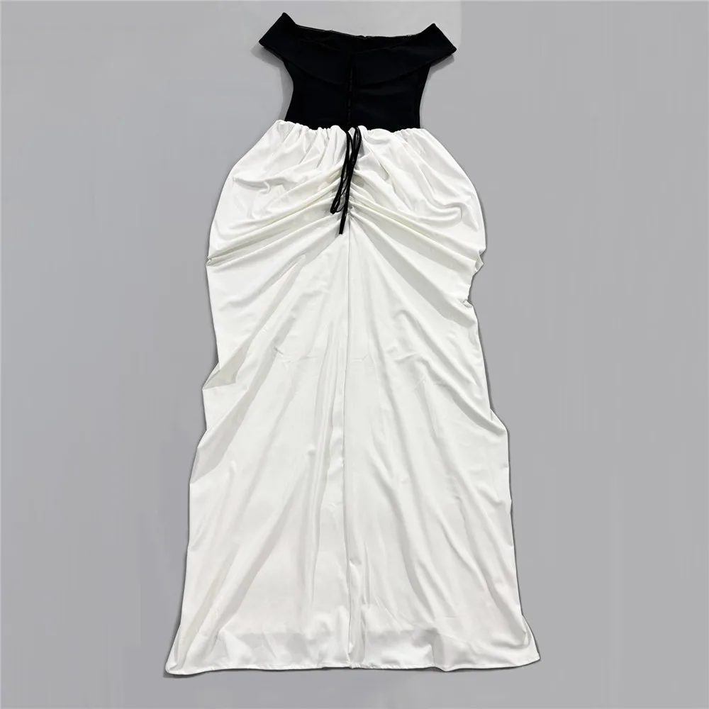 Feminino elegante retalhos bandage vestido sexy fora do ombro plissado roupas celebridade festa maxi vestidos