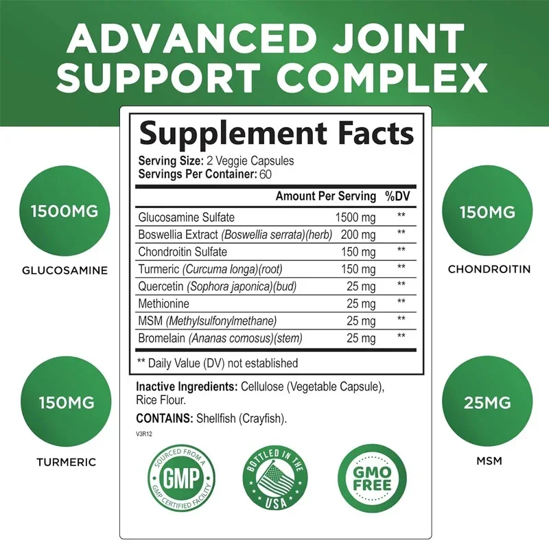 Complexe MSM Glucosamine ChonLevitin-Supplément de soutien articulaire, prend en charge la santé articulaire et la mobilité avec la quercétine et la broméline