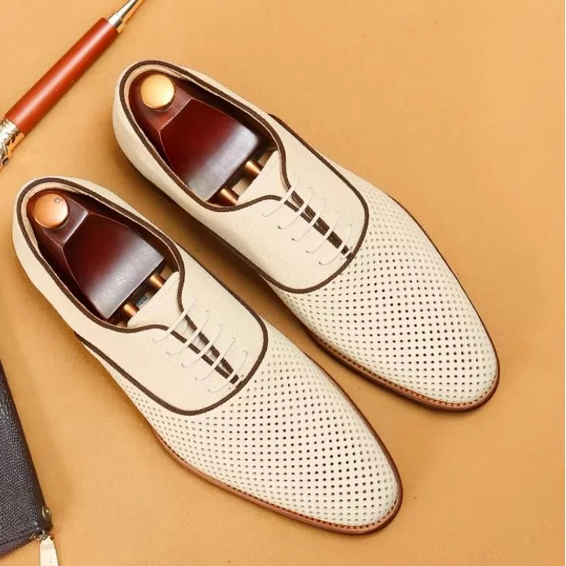 New Men's Business Casual Oxford Shoes Real Cow Leather Comfortable Breathable Hollow Leather Summer Shoes White Dress Shoes
