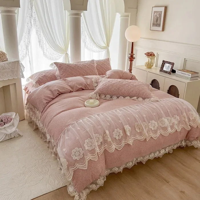 Korean princess style pure cotton double-layer yarn four piece bed skirt style lace style duvet cover bedding small fragrance st