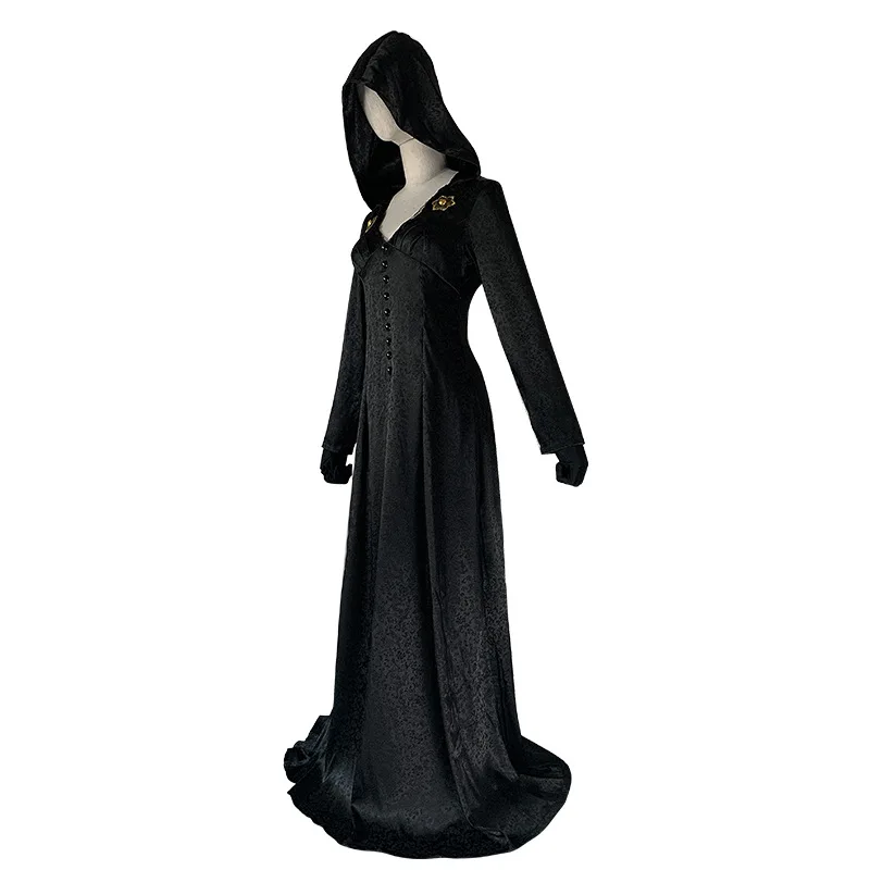 Vampire Lady Bela Dimitrescu Cosplay Costume Woman Hooded Black Dress Mysterious Moth Witch Woman Halloween Role Play Outfit