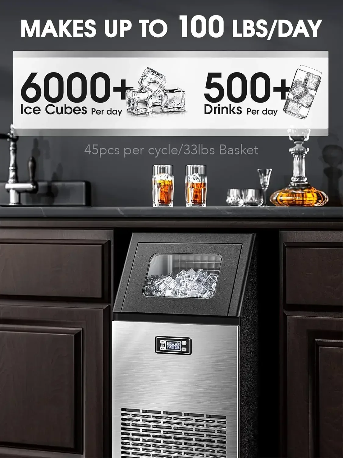 Self Cleaning Commercial Ice Maker,100 lbs,2-Way Add Water,Large  Maker,  Machine with 24 Hour Timer,33 lbs Basket