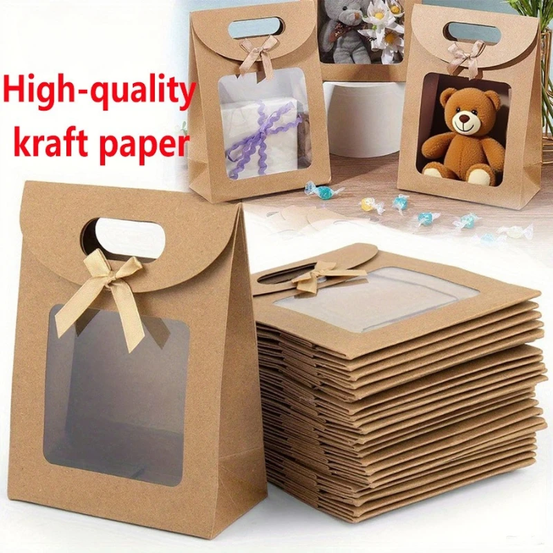 6pcs Kraft Paper Bag With Windows Vertical MINI Gift Bag With Handles Brown Gift Bag With Transparent Window For Christmas Party