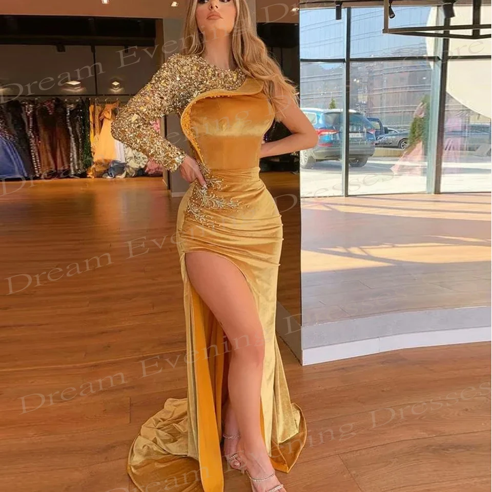 2024 Dubai Modieuze Vrouwen Zeemeermin Sprankelende Avondjurken Sierlijke Een Schouder Galajurken Sexy High Split Robe Soirée