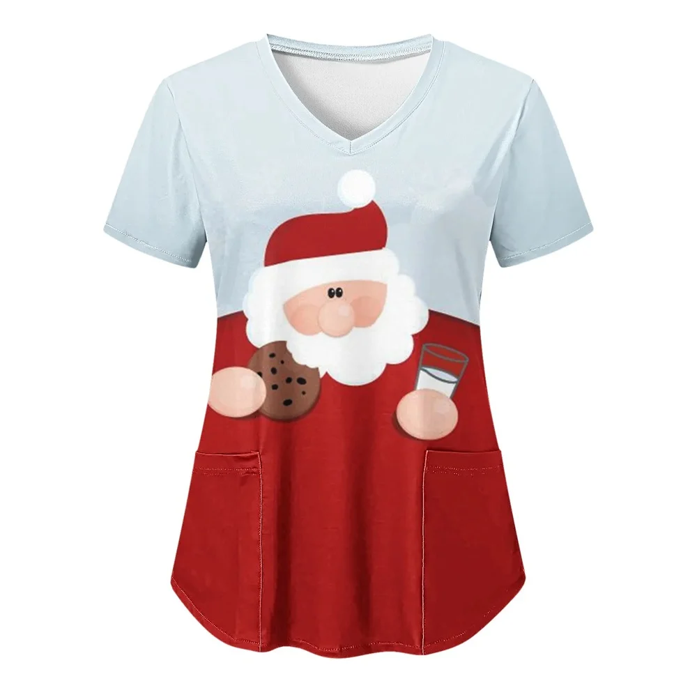 Women Christmas Nursing Scrubs Tops Working Uniform Blouse Short Sleeve V-neck tee Blusas Nursing Clothes Nurses Tunic Uniform