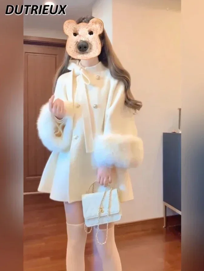 Autumn and Winter Sweet Girl Stand-up Collar Bowknot Double Breasted Woolen Cape Coat Cute White Long Sleeve Mid-Length Jacket