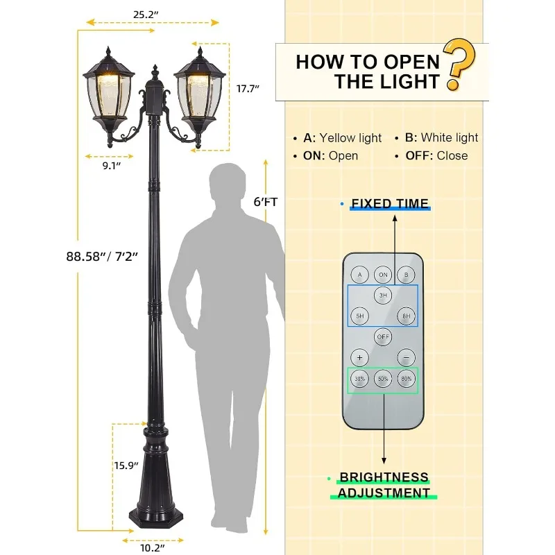 Lampada solare da palo, lampada da palo solare da esterno dal tramonto all'alba a 2 teste, lampada da palo nera classica con pannelli in vetro trasparente