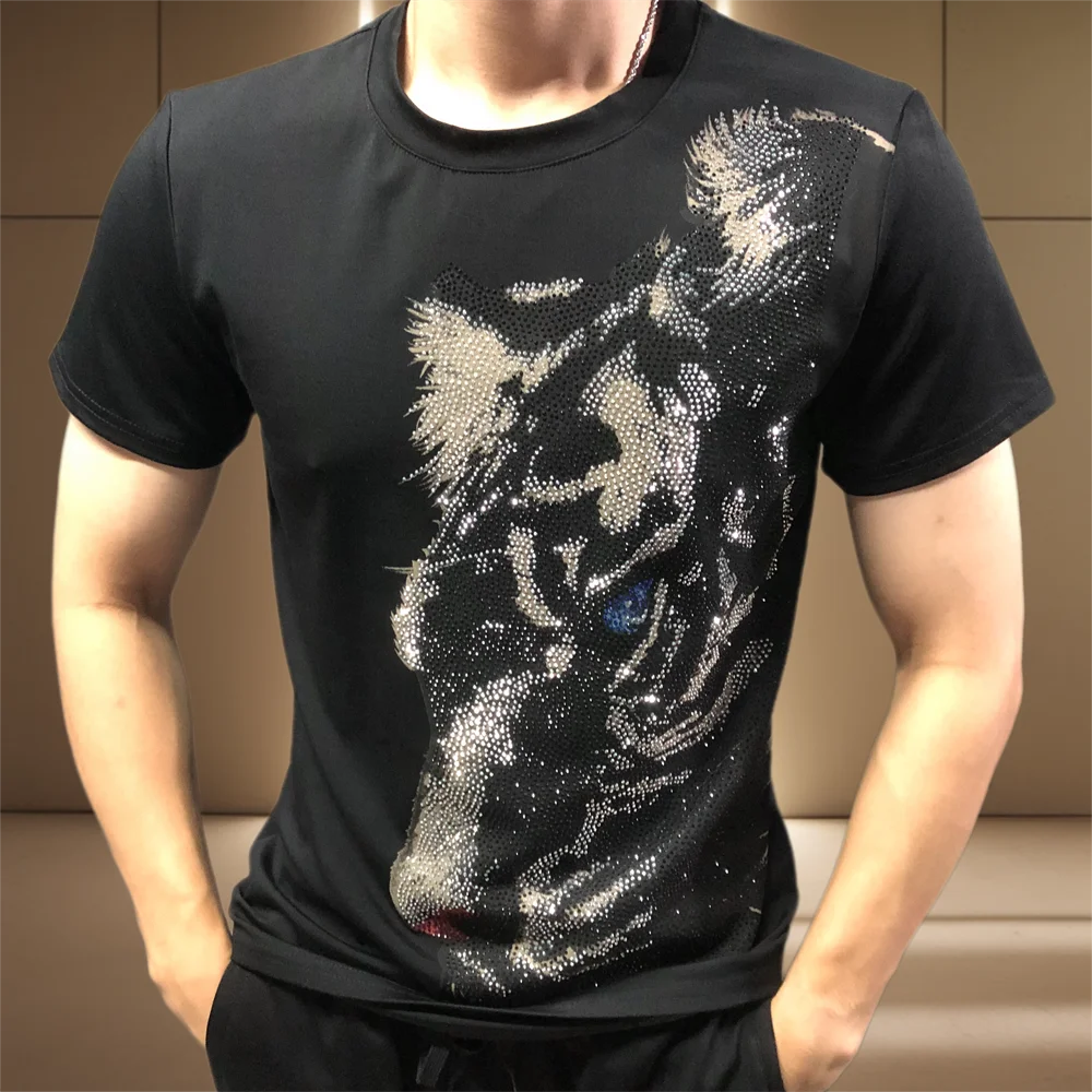 Animal Rhinestones Tshirt Men Social Club Outfits Tee Shirt Homme Summer Top O-neck Short Sleeve T-shirt Men Summer Men Tshirt