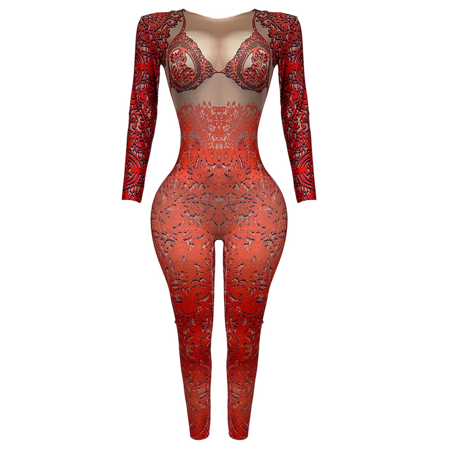 레드 패턴 라인스톤 무대 공연 점프수트 여성 드랙퀸 페스티벌 의상 클럽 의상 스판덱스 롬퍼 댄스 플레이수트