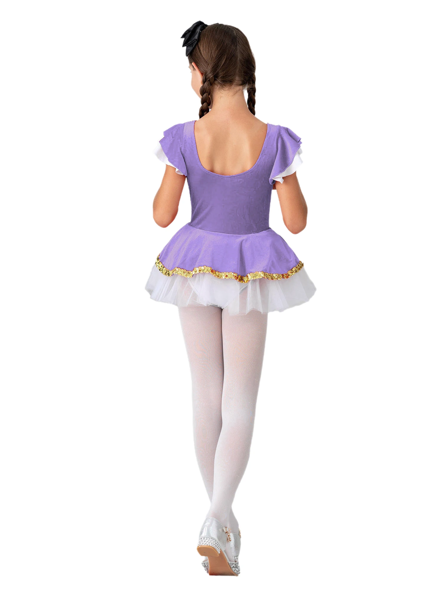 4-16Y Girls Ballet Dance Leotard Dress Short Sleeve Sequin Mesh Princess Tutu Halloween Christmas Party Circus Cosplay Costume