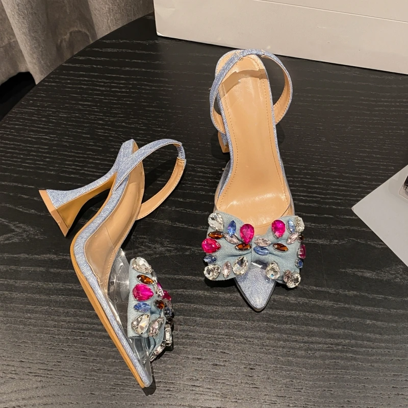 

New Summer Women's High-heeled Sandals with Bows, Colorful Rhinestones, Pointed Toe, Empty Wine Glass Heels, Closed Toe Sandals