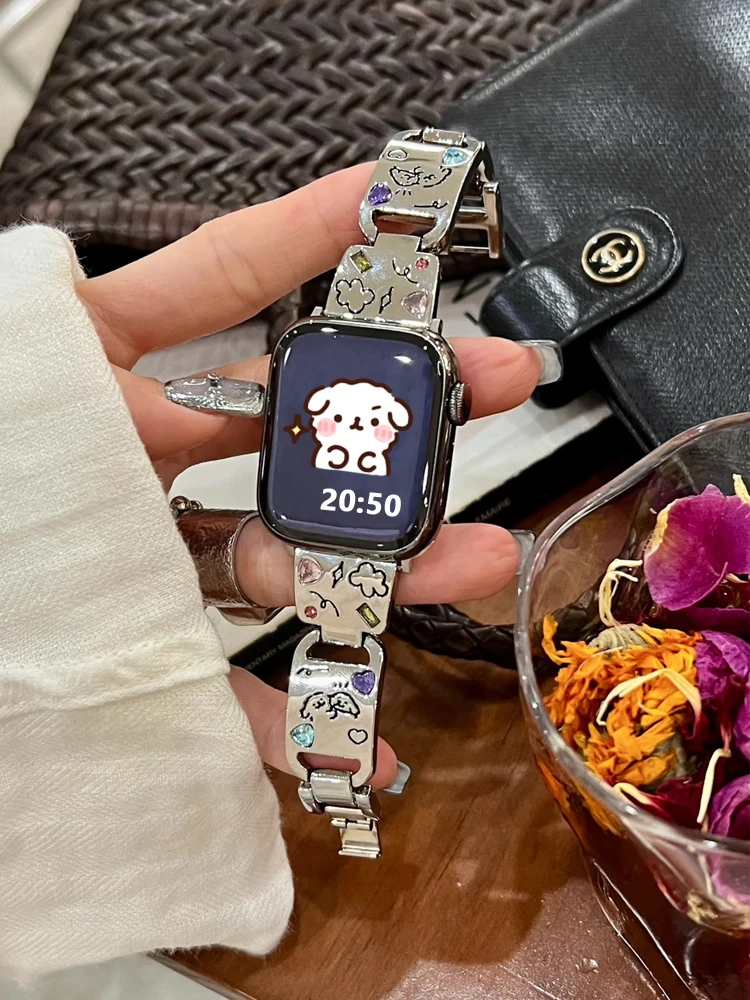 

Ремешок металлический для iWatch Ultra 9 8 7 42 мм 45 мм 49 мм, браслет с цветными бриллиантами для Apple Watch 38 мм 40 мм 41 мм 6 5 SE 4 3