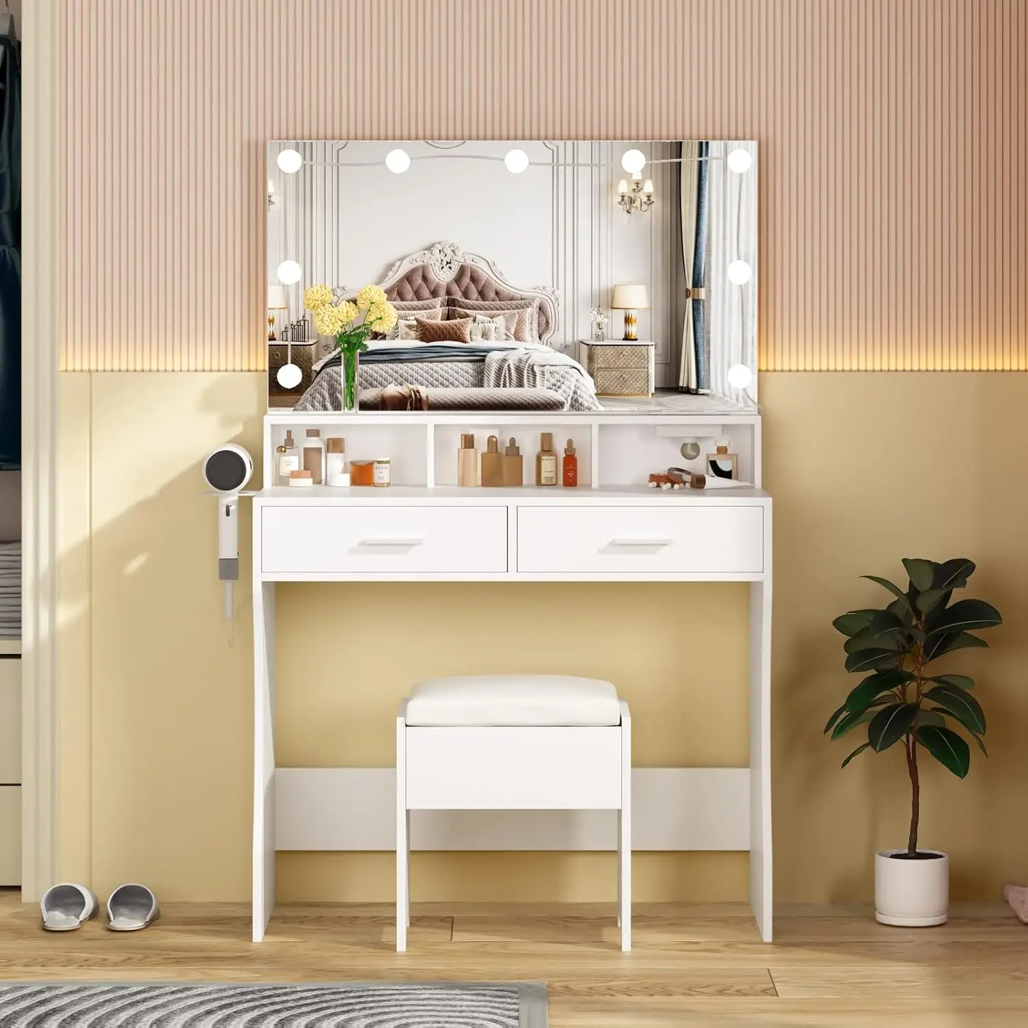 Makeup Vanity with Lighted Mirror & Power Outlet White Vanity Set Vanity Desk Clearance Makeup 3 Lighting Colors